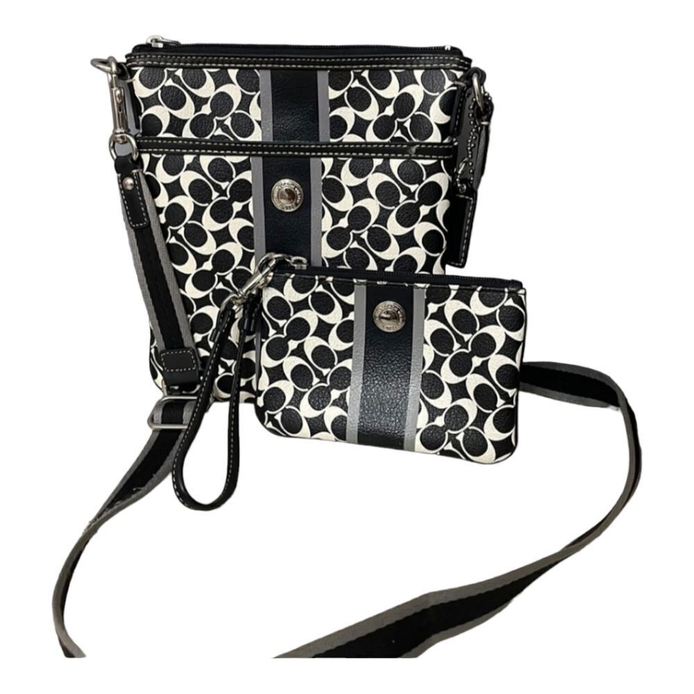 Coach F43893 3 Piece Set Signature Swing Pack Crossbody + Wristlet Black White - Picture 14 of 15